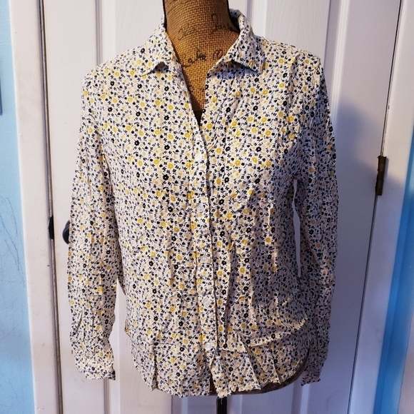 Velvet Heart Button Long Sleeve Collared Shirt Yellow Blue Floral Women's Medium - Picture 1 of 8